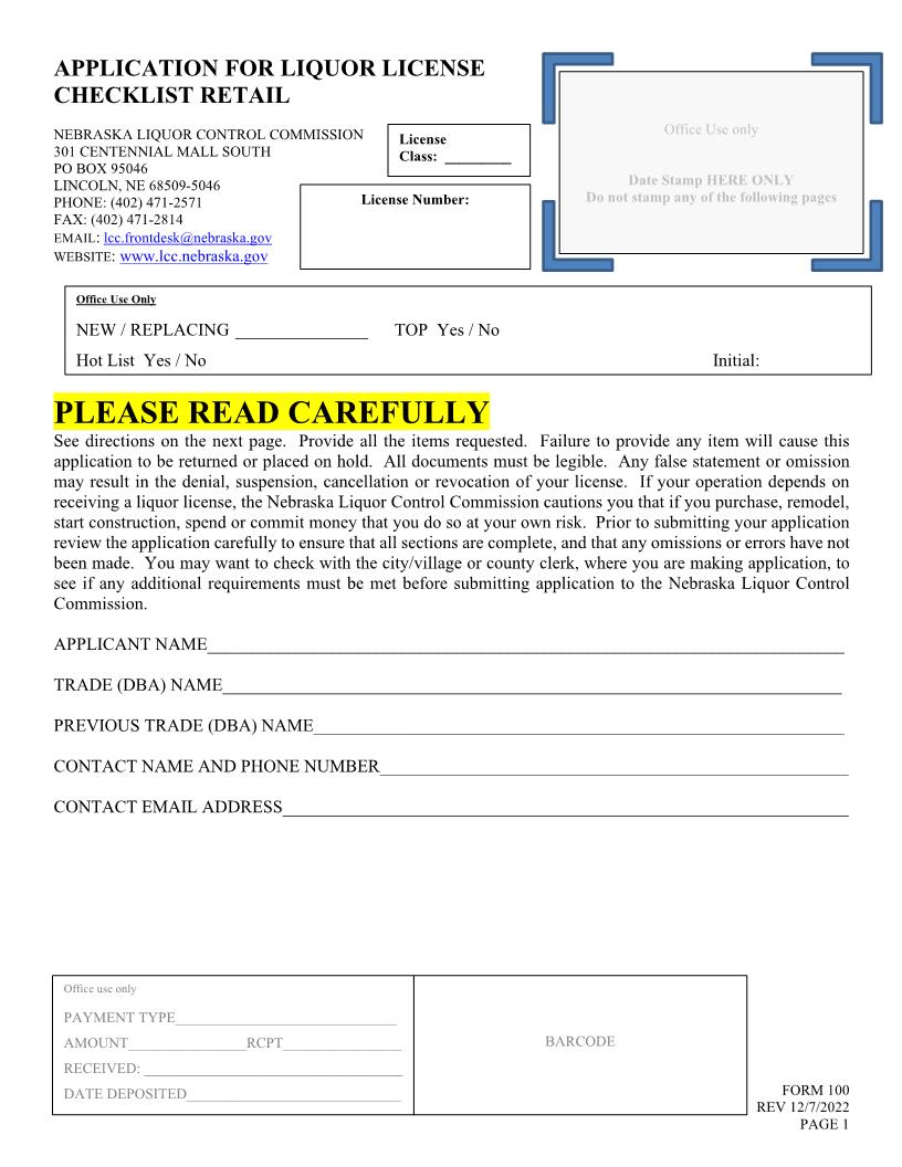 Application For Liquor License Retail {100} | Pdf Fpdf Doc Docx | Nebraska