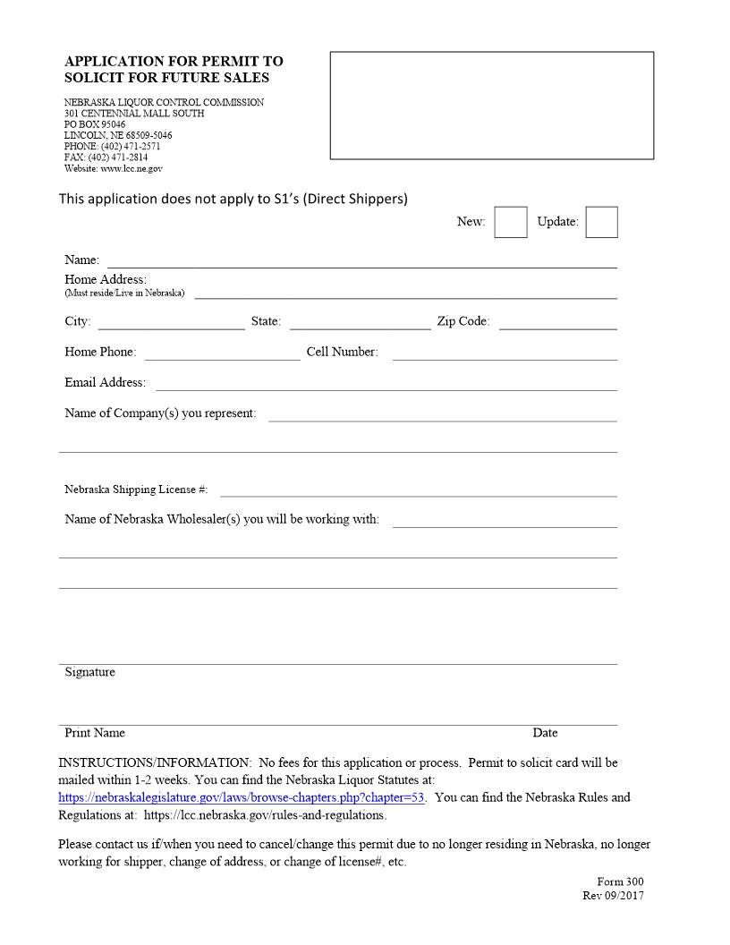 Application For Permit To Solicit Future Sales {300} | Pdf Fpdf Doc Docx | Nebraska