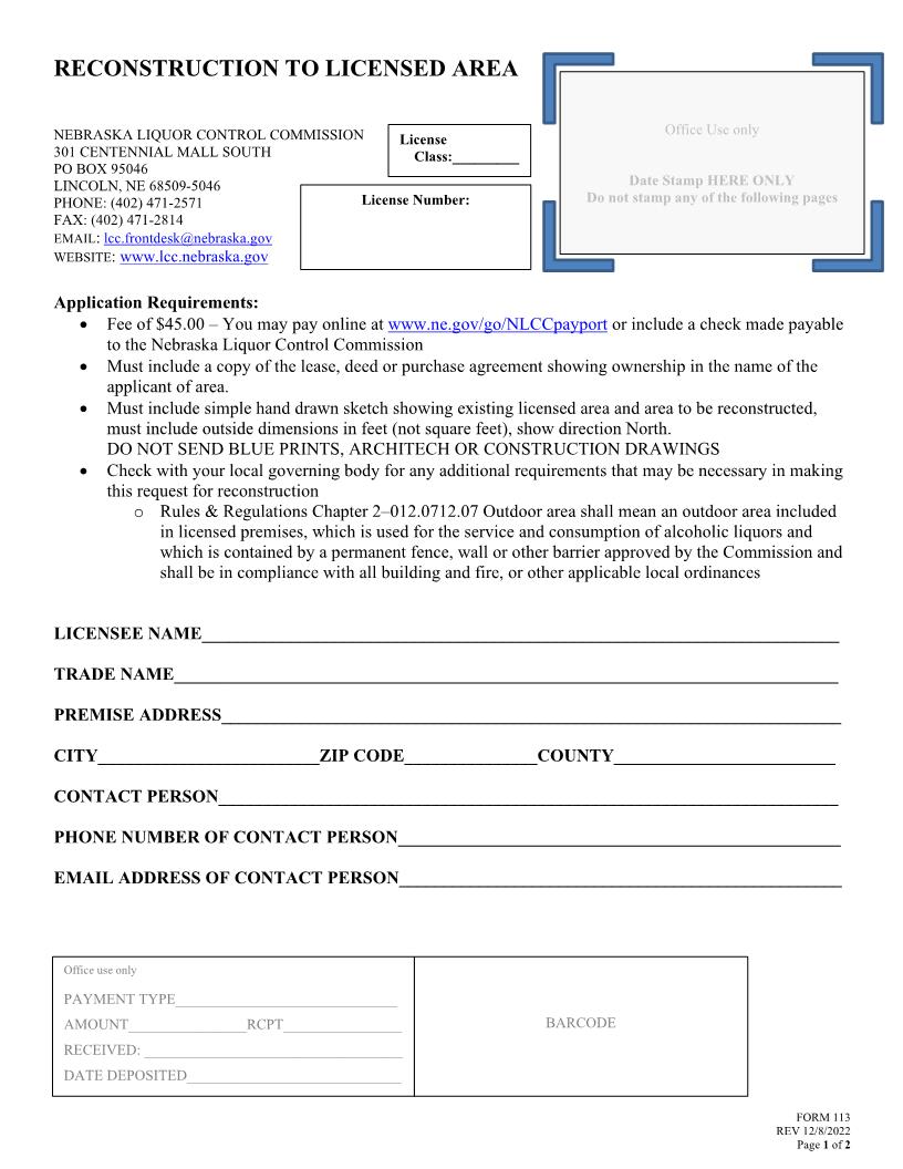 Application For Reconstruction To Liquor License {113} | Pdf Fpdf Doc Docx | Nebraska