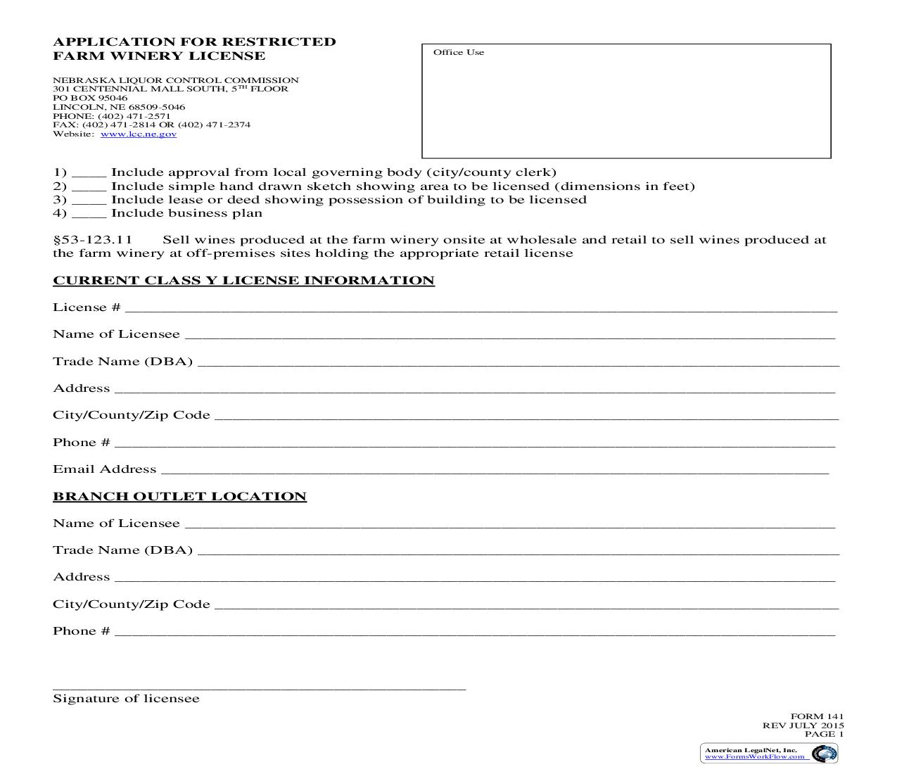 Application For Restricted Farm Winery License {141} | Pdf Fpdf Doc Docx | Nebraska