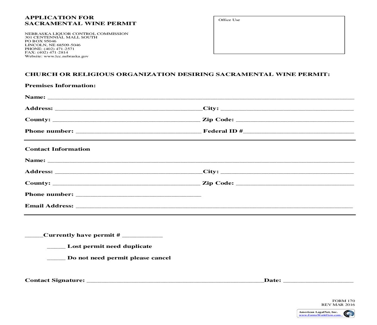 Application For Sacramental Wine  Permit {170} | Pdf Fpdf Doc Docx | Nebraska