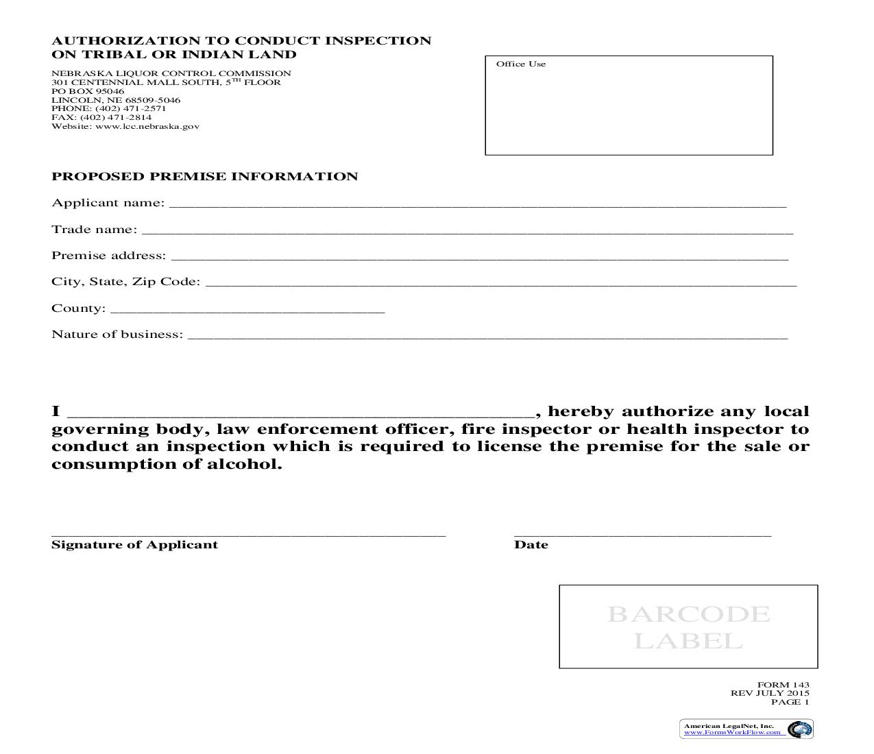 Authorization To Conduct Inspection On Tribal Or Indian Land {143} | Pdf Fpdf Doc Docx | Nebraska