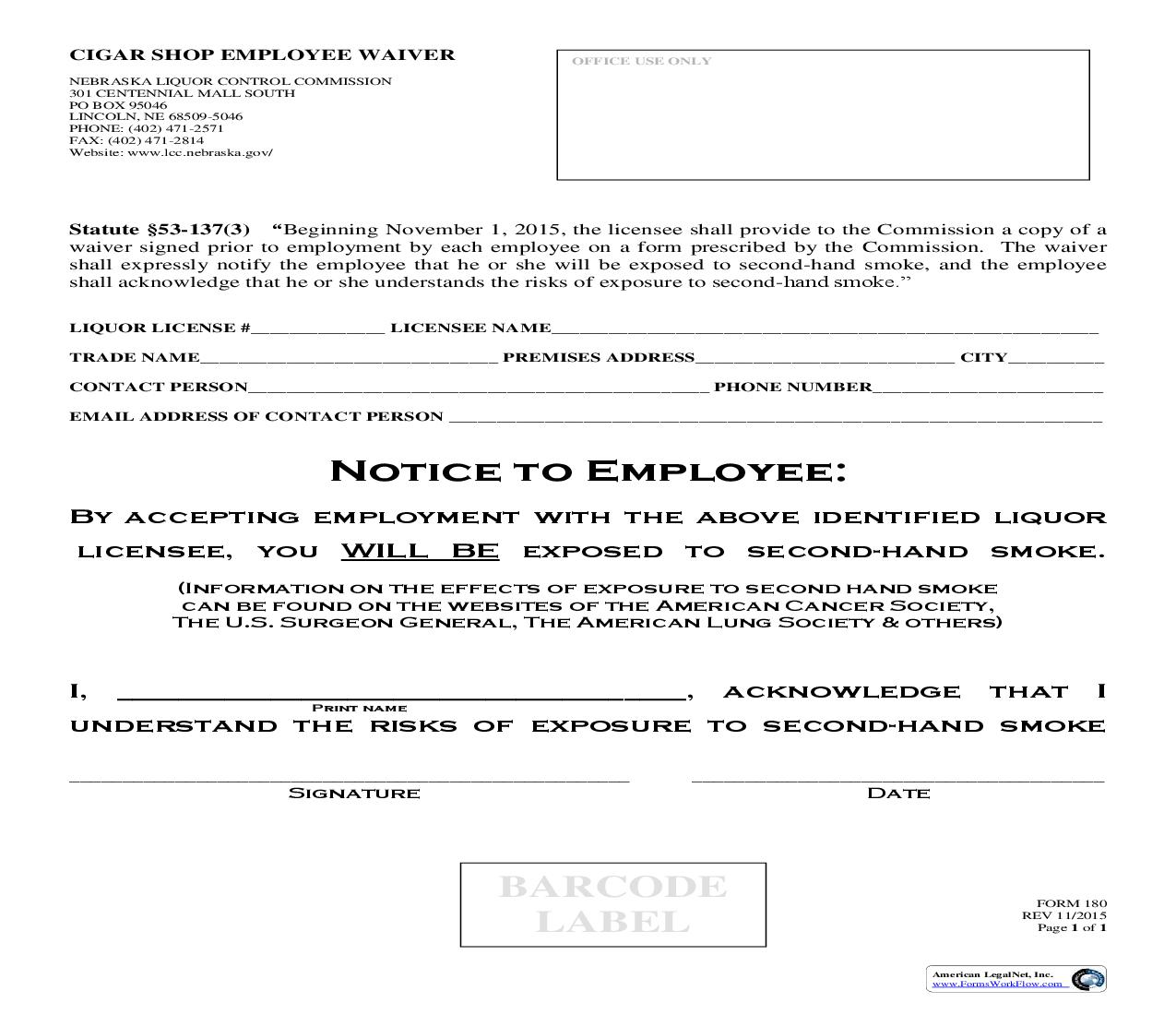 Cigar Shop Employee Waiver {180} | Pdf Fpdf Doc Docx | Nebraska