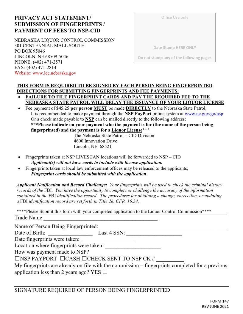 Privacy Act Statement Submission Of Fingerprints Payment Of Fees To NSP CID {147} | Pdf Fpdf Docx | Nebraska