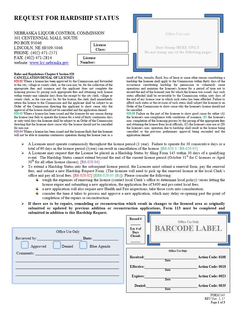 Request For Hardship Status {145} | Pdf Fpdf Doc Docx | Nebraska