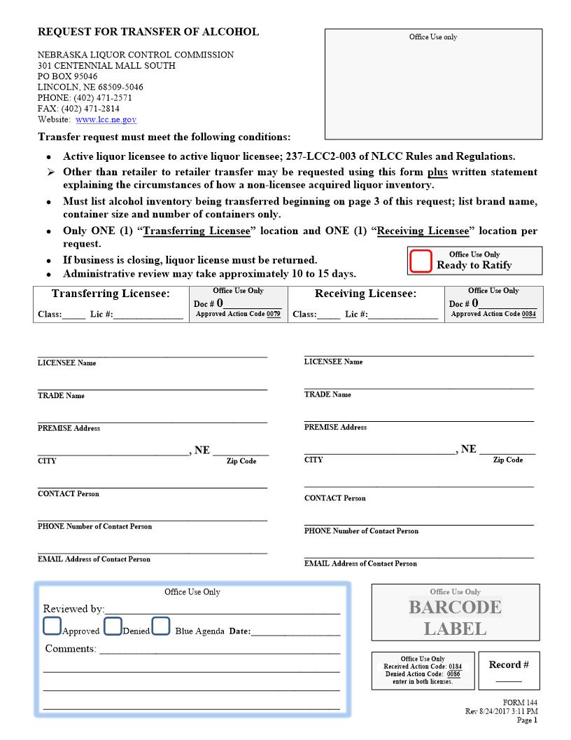 Request For Transfer Of Alcohol {144} | Pdf Fpdf Doc Docx | Nebraska