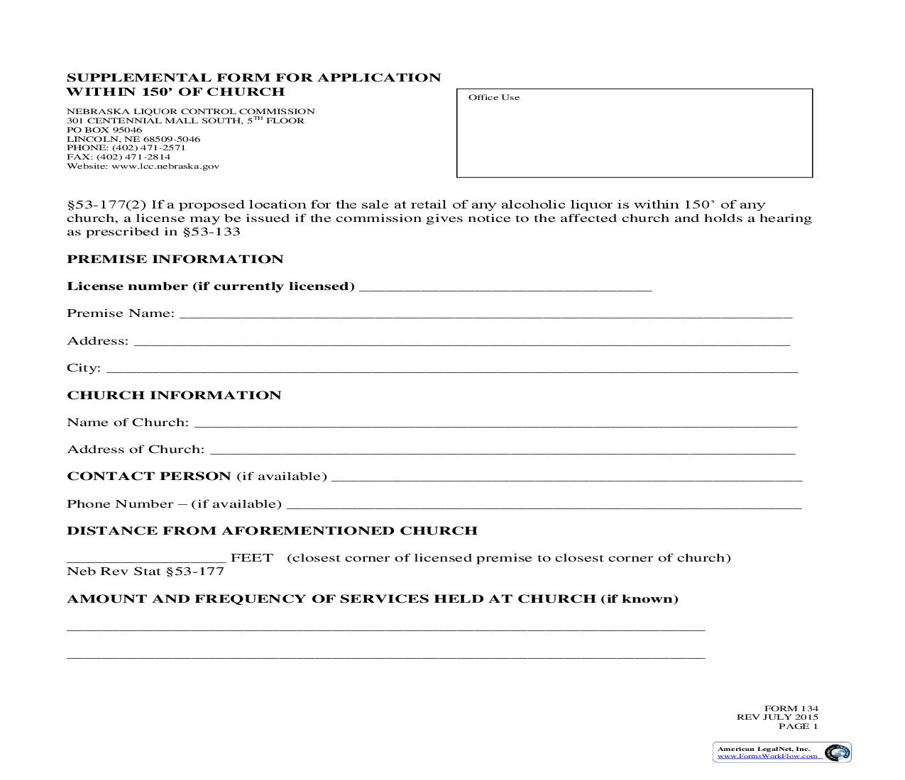 Supplemental Form For Application Within 150 Feet Of Church {134} | Pdf Fpdf Doc Docx | Nebraska