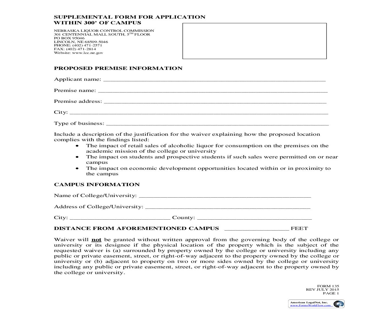Supplemental Form For Application Within 300 Feet Of Campus {135} | Pdf Fpdf Doc Docx | Nebraska