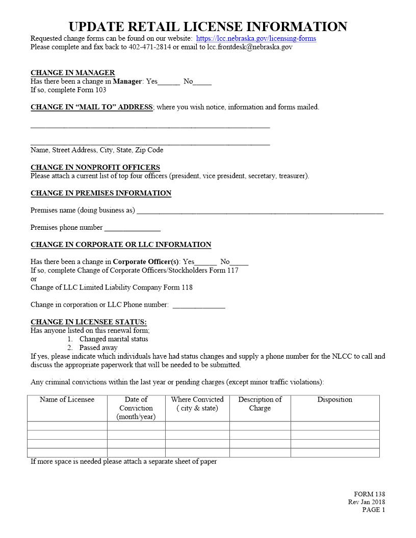 Update Retail License Information {138} | Pdf Fpdf Doc Docx | Nebraska
