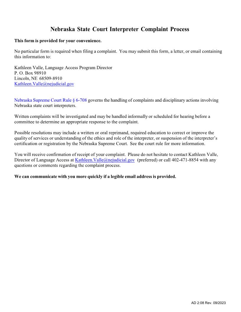 Interpreter Complaint Form | Pdf Fpdf Doc Docx | Nebraska