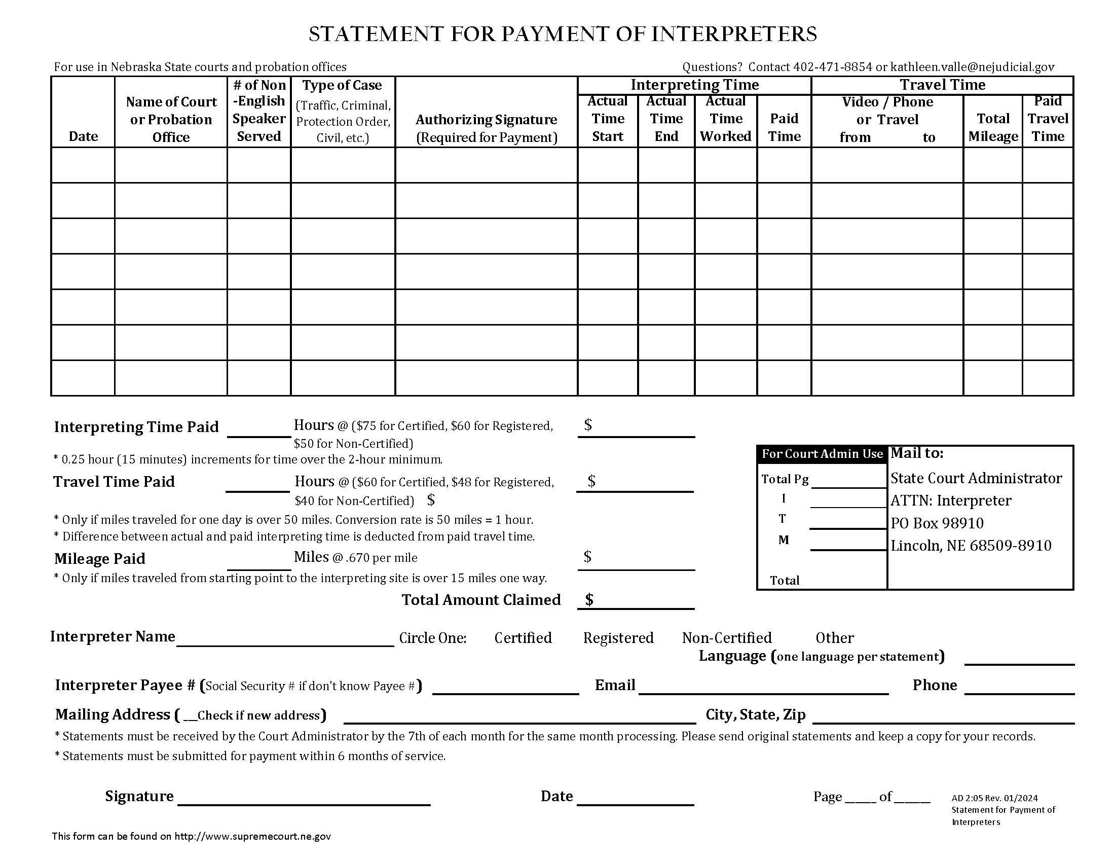 Statement For Payment Of Interpreters {AD-2-05} | Pdf Fpdf Docx | Nebraska