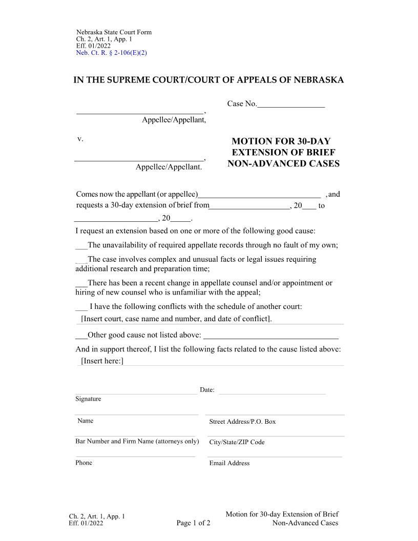 Motion For 30 Day Extension Of Brief {Appendix-1} | Pdf Fpdf Doc Docx | Nebraska