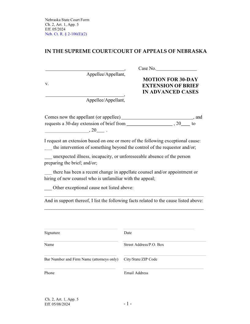 Motion For 30 Day Extension Of Brief Advanced Cases {Ch2Art1App5} | Pdf Fpdf Docx | Nebraska