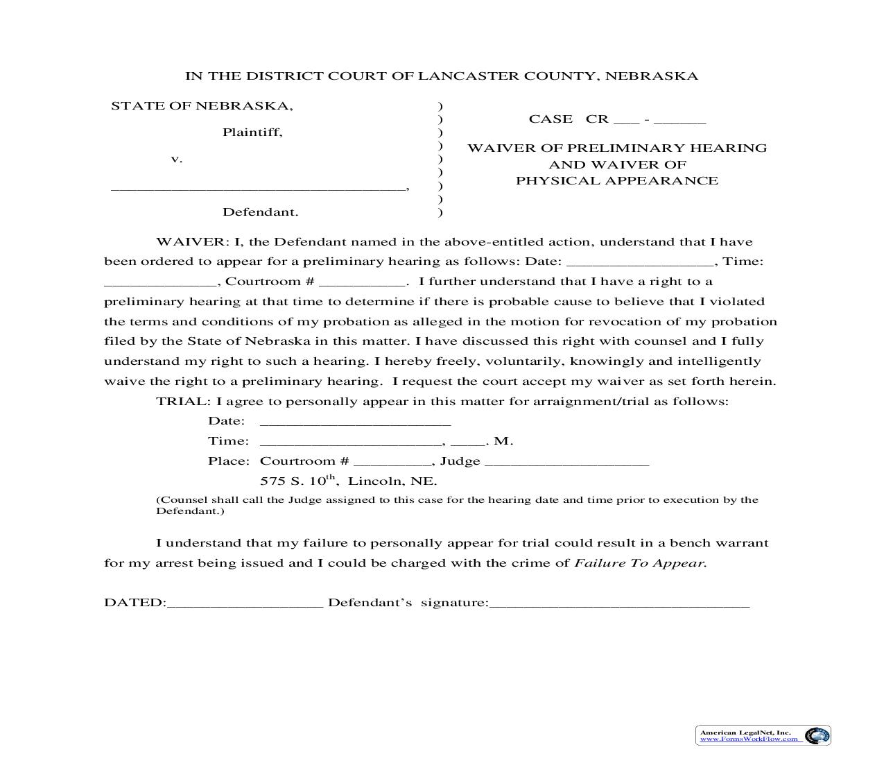 Waiver Of Preliminary Hearing And Waiver Of Physical Appearance | Pdf Fpdf Doc Docx | Nebraska