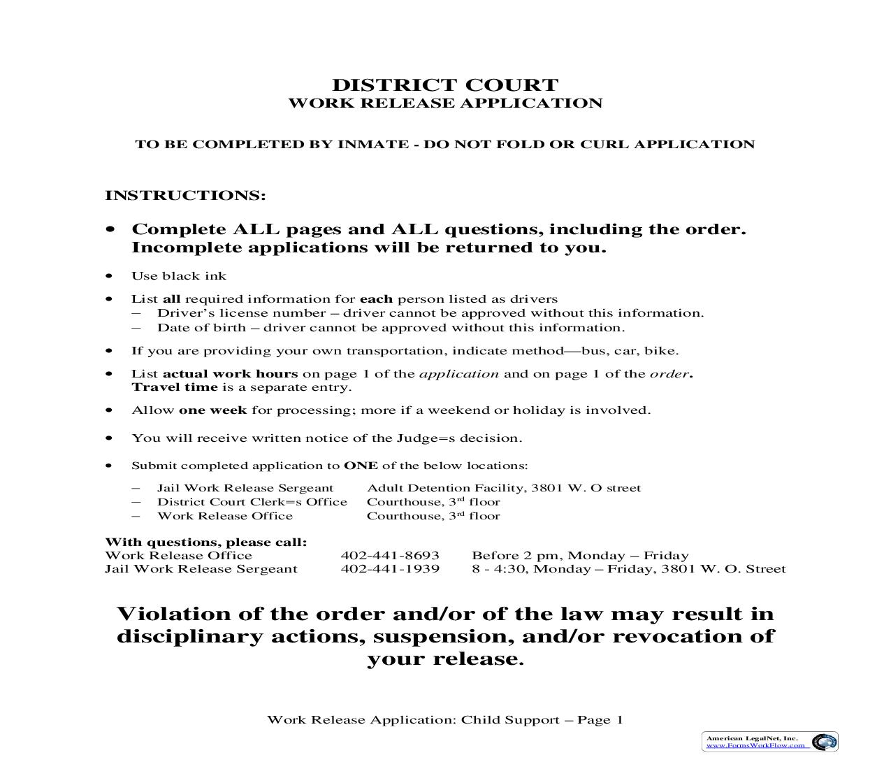 Work Release Application (Child Support) | Pdf Fpdf Doc Docx | Nebraska