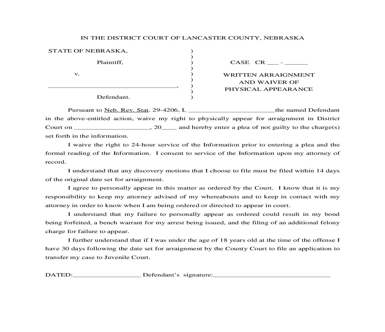 Written Arraignment And Waiver Of Physical Appearance | Pdf Fpdf Doc Docx | Nebraska