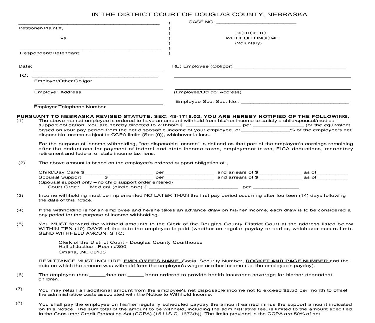 Notice To Wihhold Income (Voluntary) | Pdf Fpdf Doc Docx | Nebraska