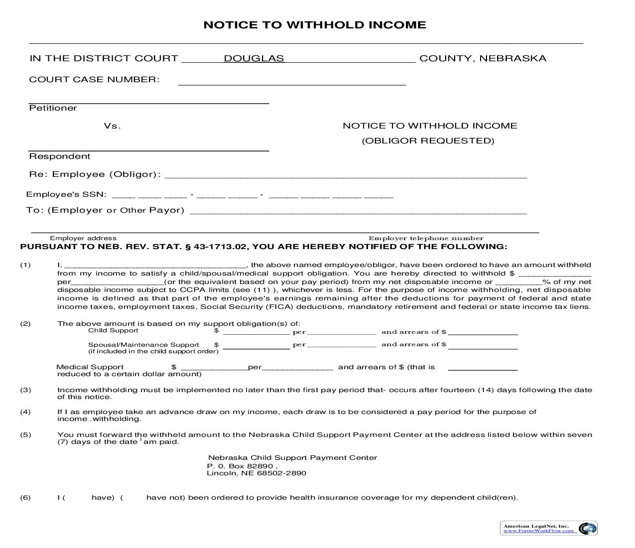 Notice To Withhold Income (Obligor Requested) | Pdf Fpdf Doc Docx | Nebraska