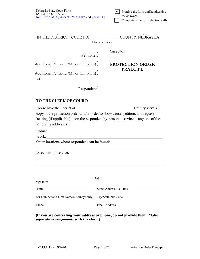 Protection Order Praecipe | Pdf Fpdf Doc Docx | Nebraska