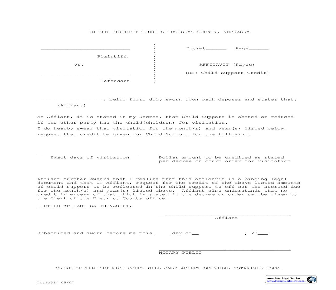 Visitation Affidavit (Payee) | Pdf Fpdf Doc Docx | Nebraska