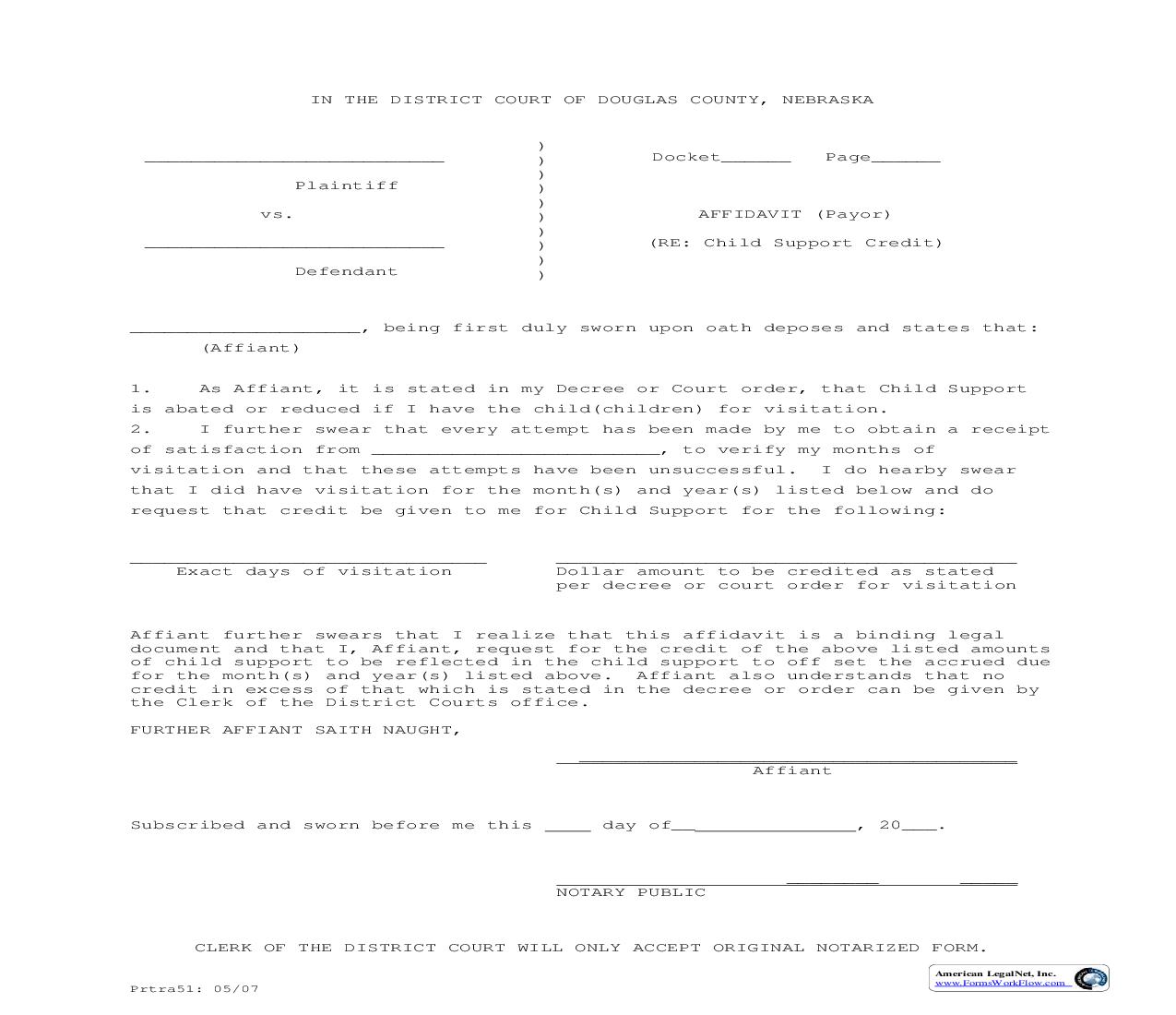 Visitation Affidavit (Payor) | Pdf Fpdf Doc Docx | Nebraska