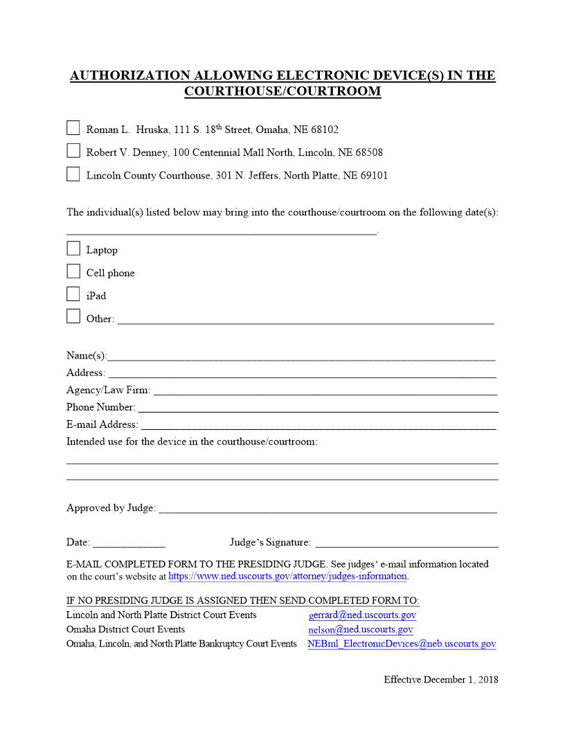 Authorization Allowing Electronic Devices In The Courthouse | Pdf Fpdf Docx | Nebraska