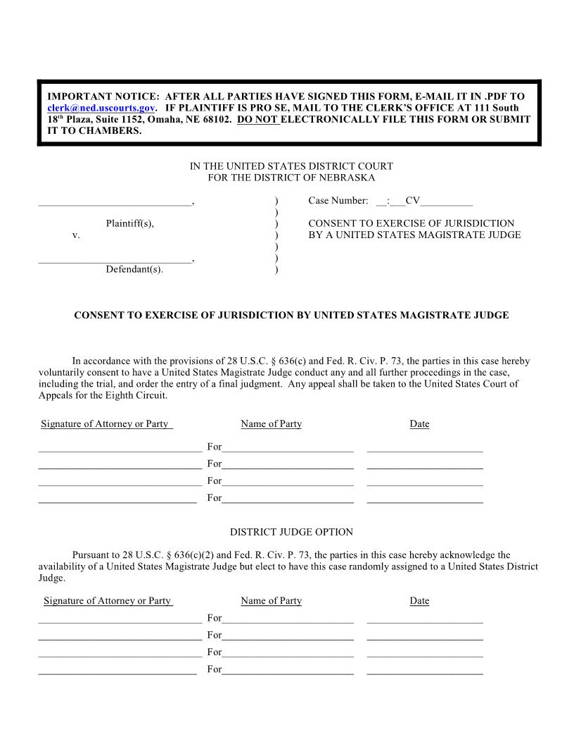 Consent To Random Assignment To Magistrate Judge | Pdf Fpdf Docx | Nebraska