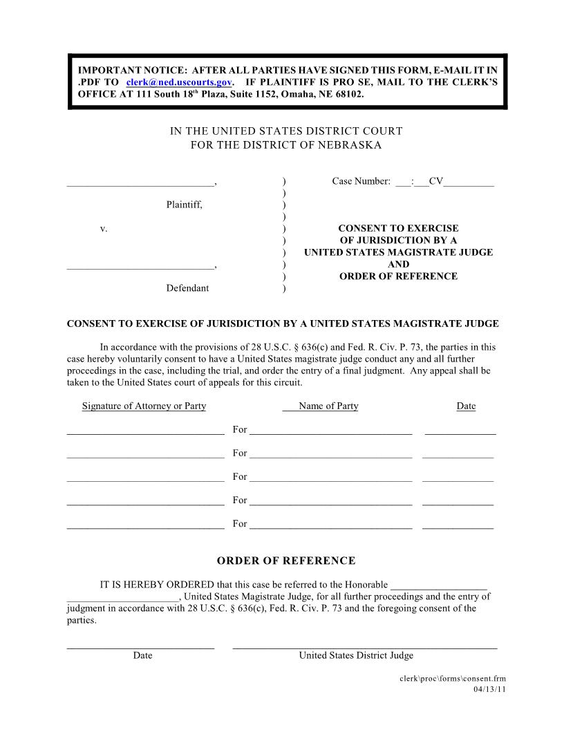 Consent To Reassignment To Magistrate Judge | Pdf Fpdf Docx | Nebraska
