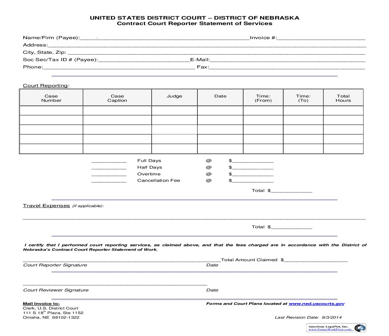 Contract Court Reporter Statement Of Services | Pdf Fpdf Doc Docx | Nebraska