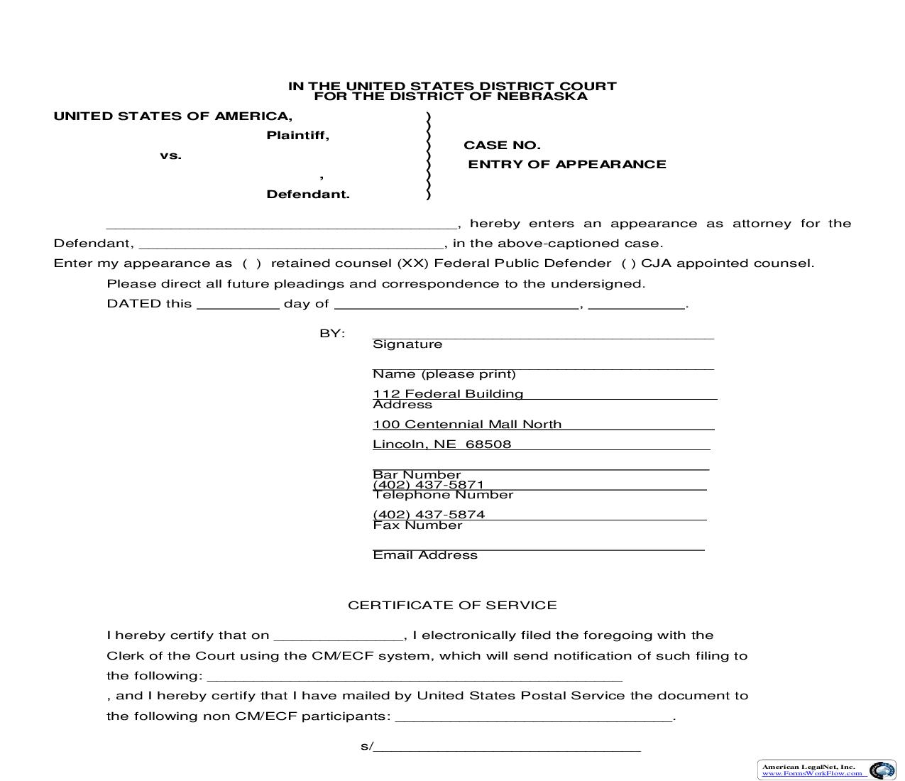 Entry Of Appearance For Federal Public Defender (Lincoln) | Pdf Fpdf Doc Docx | Nebraska