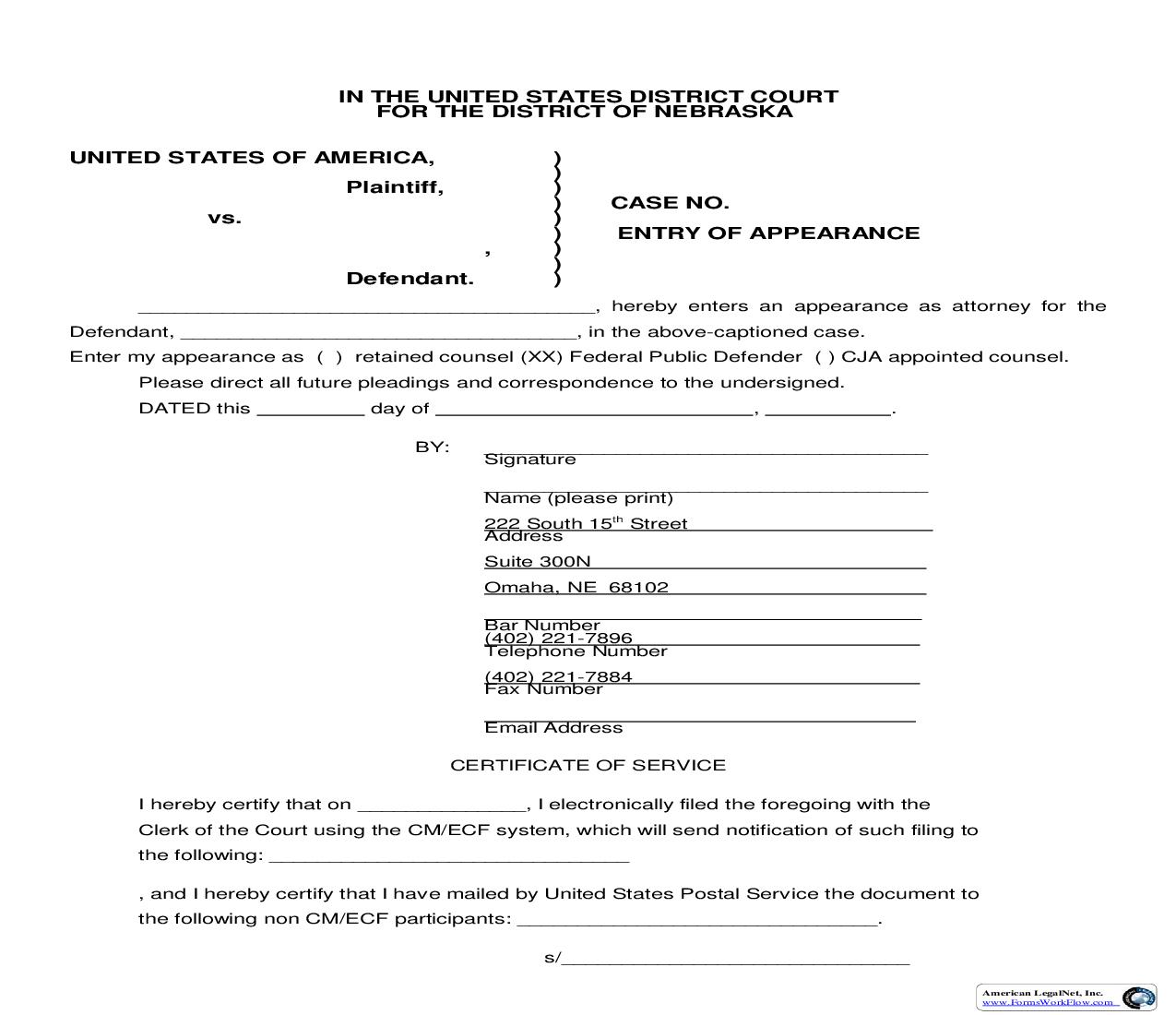 Entry Of Appearance For Federal Public Defender (Omaha) | Pdf Fpdf Doc Docx | Nebraska