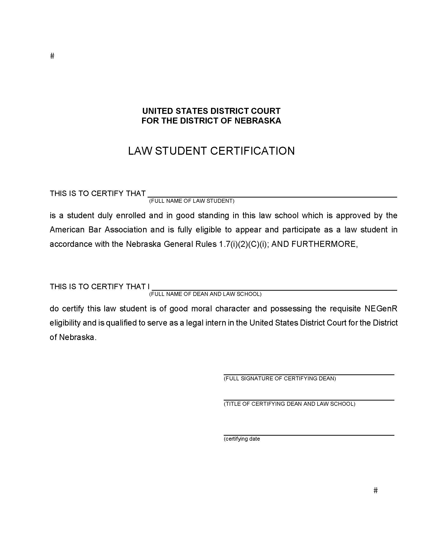 Law Student Certification | Pdf Fpdf Doc Docx | Nebraska