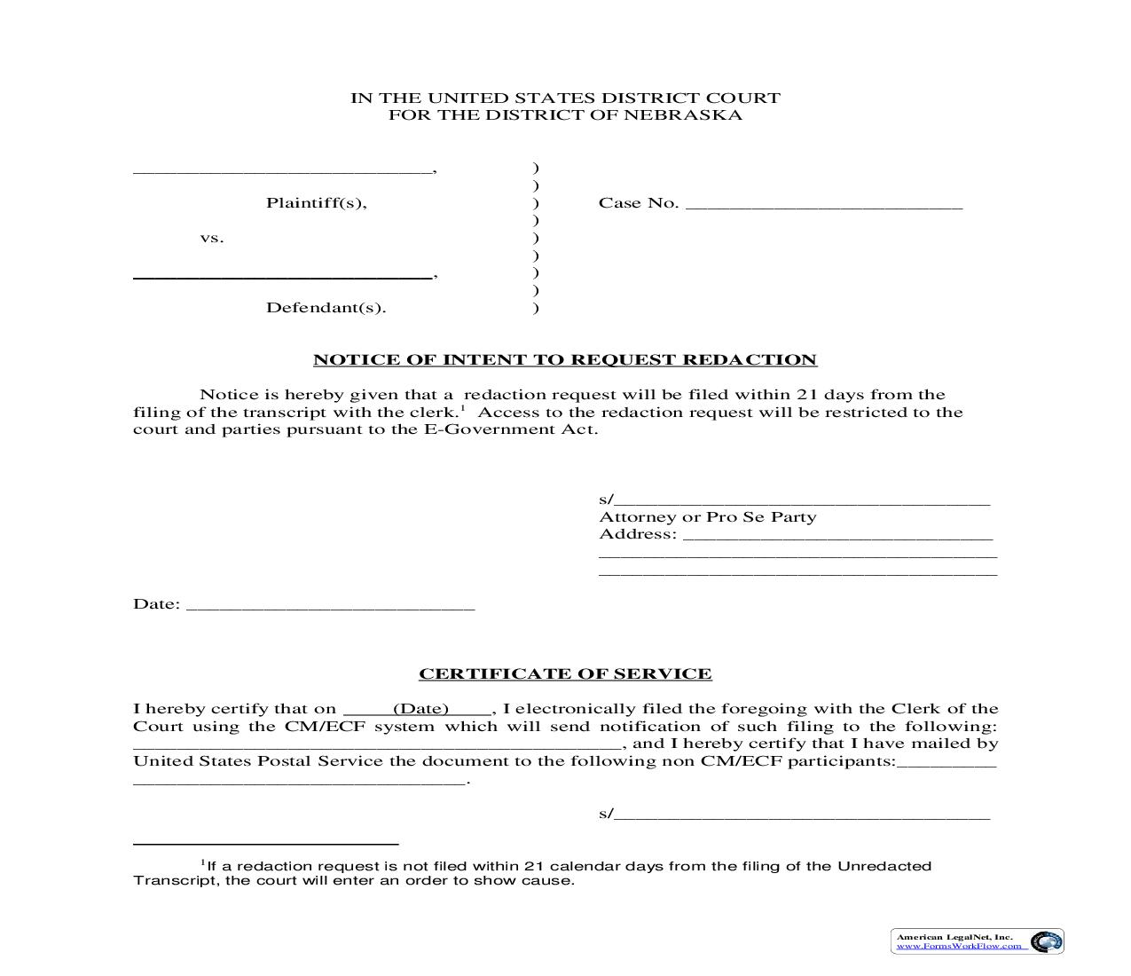 Notice Of Intent To Request Redaction | Pdf Fpdf Doc Docx | Nebraska