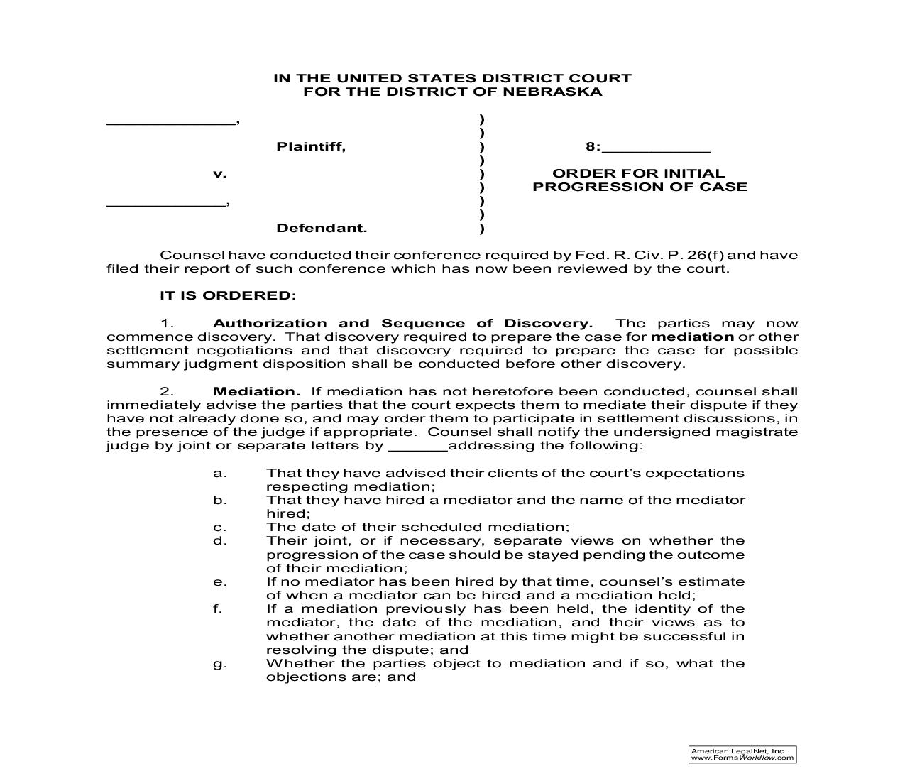 Order For Initial Progression Of Case | Pdf Fpdf Doc Docx | Nebraska