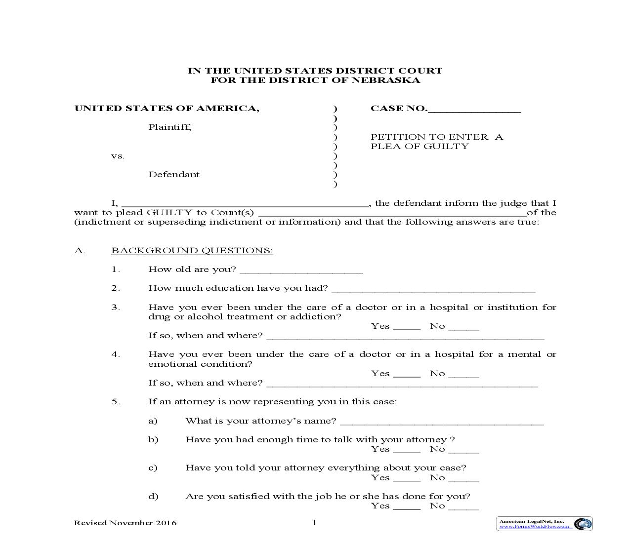 Petition To Enter A Plea Of Guilty | Pdf Fpdf Doc Docx | Nebraska