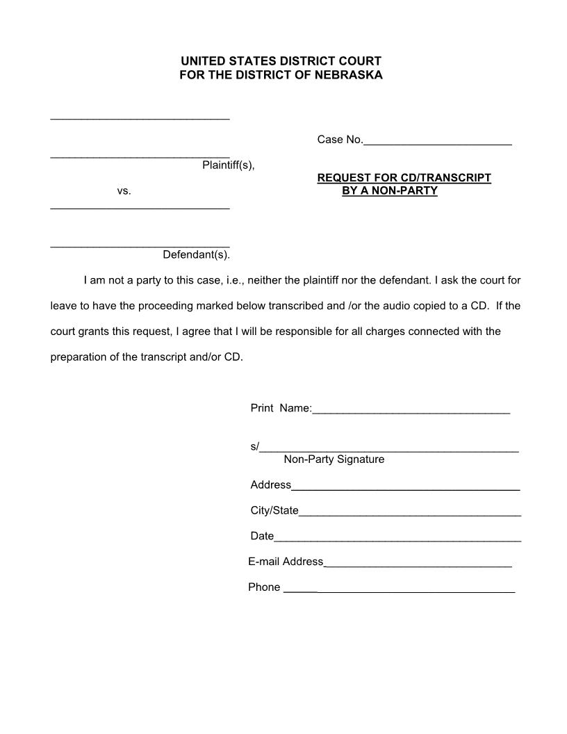 Request For CD Transcript By A Non Party | Pdf Fpdf Docx | Nebraska