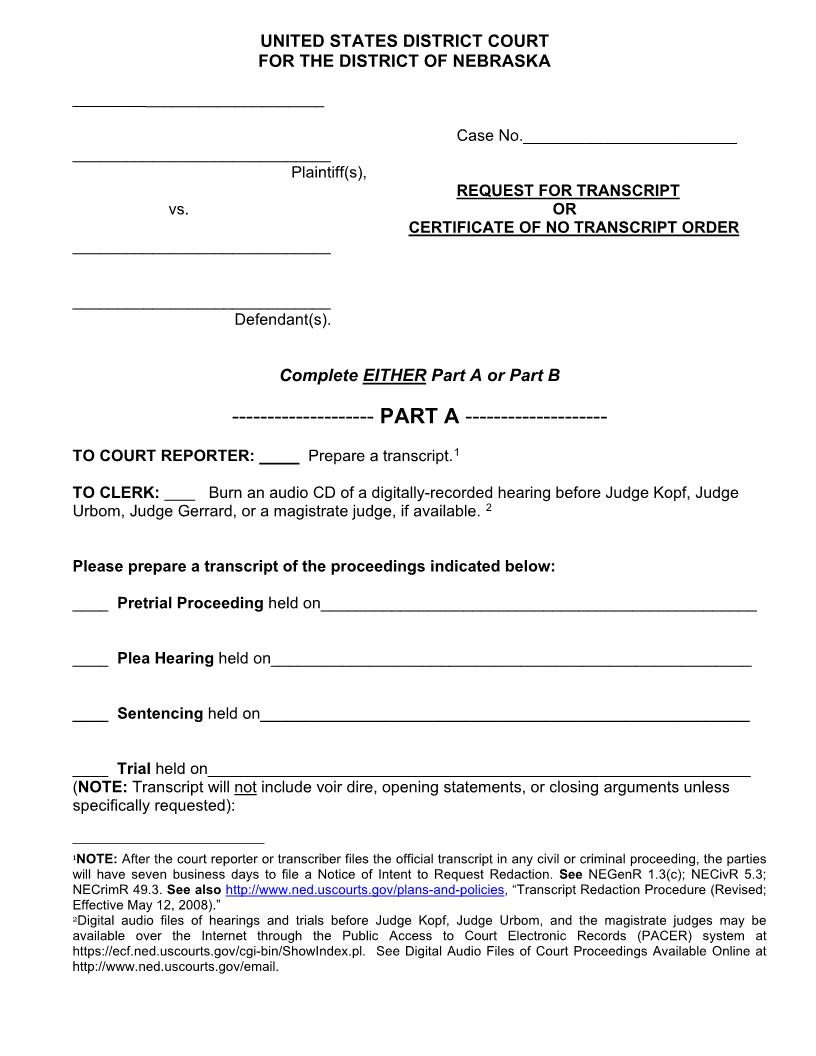 Request For Transcript Or Certificate Of No Transcript Order | Pdf Fpdf Docx | Nebraska