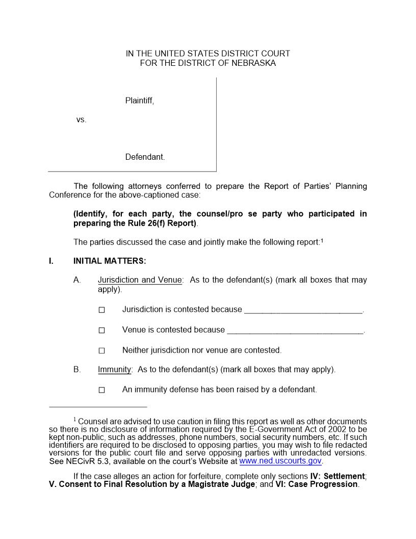Rule 26(f) Report | Pdf Fpdf Docx | Nebraska