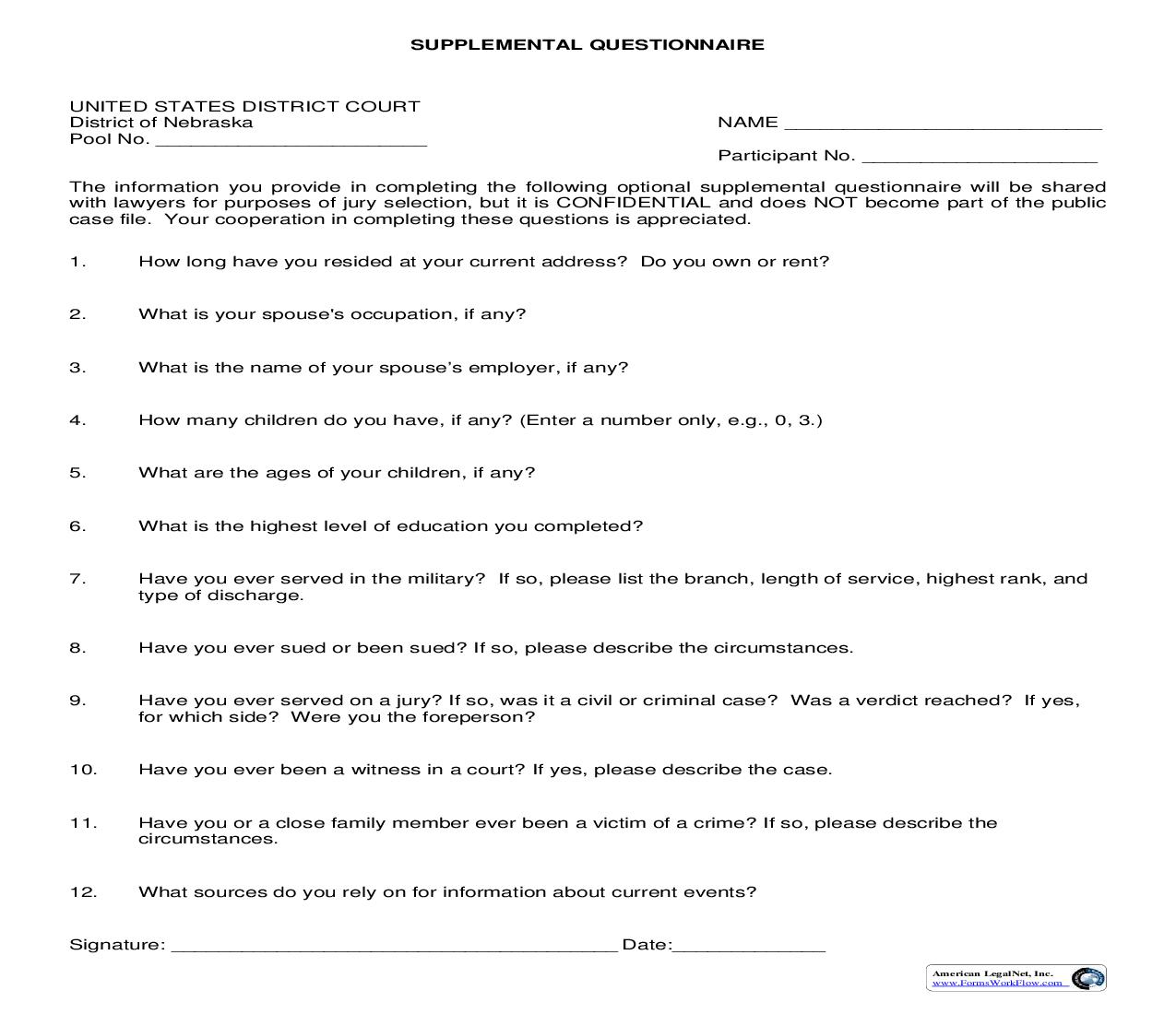 Supplemental Jury Questionnaire | Pdf Fpdf Doc Docx | Nebraska