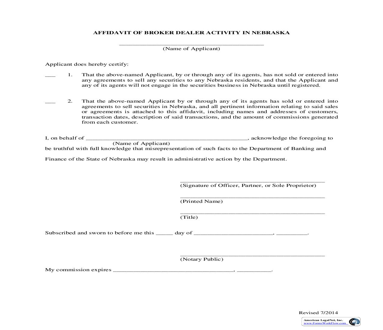 Affidavit Of Broker Dealer Activity In Nebraska | Pdf Fpdf Doc Docx | Nebraska