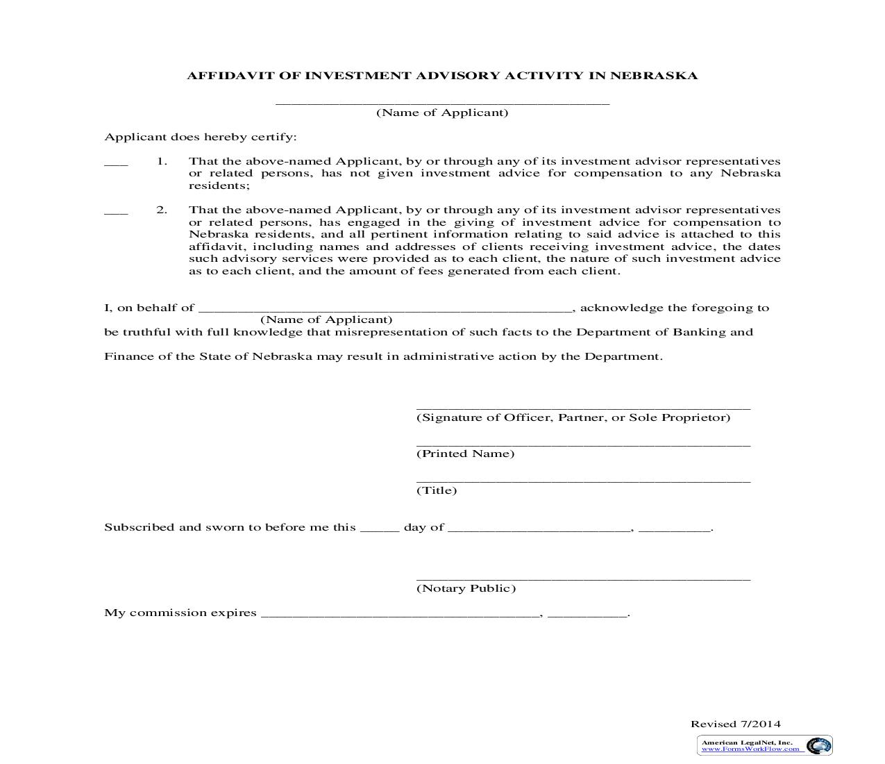 Affidavit Of Investment Advisory Activity In Nebraska {AI} | Pdf Fpdf Doc Docx | Nebraska