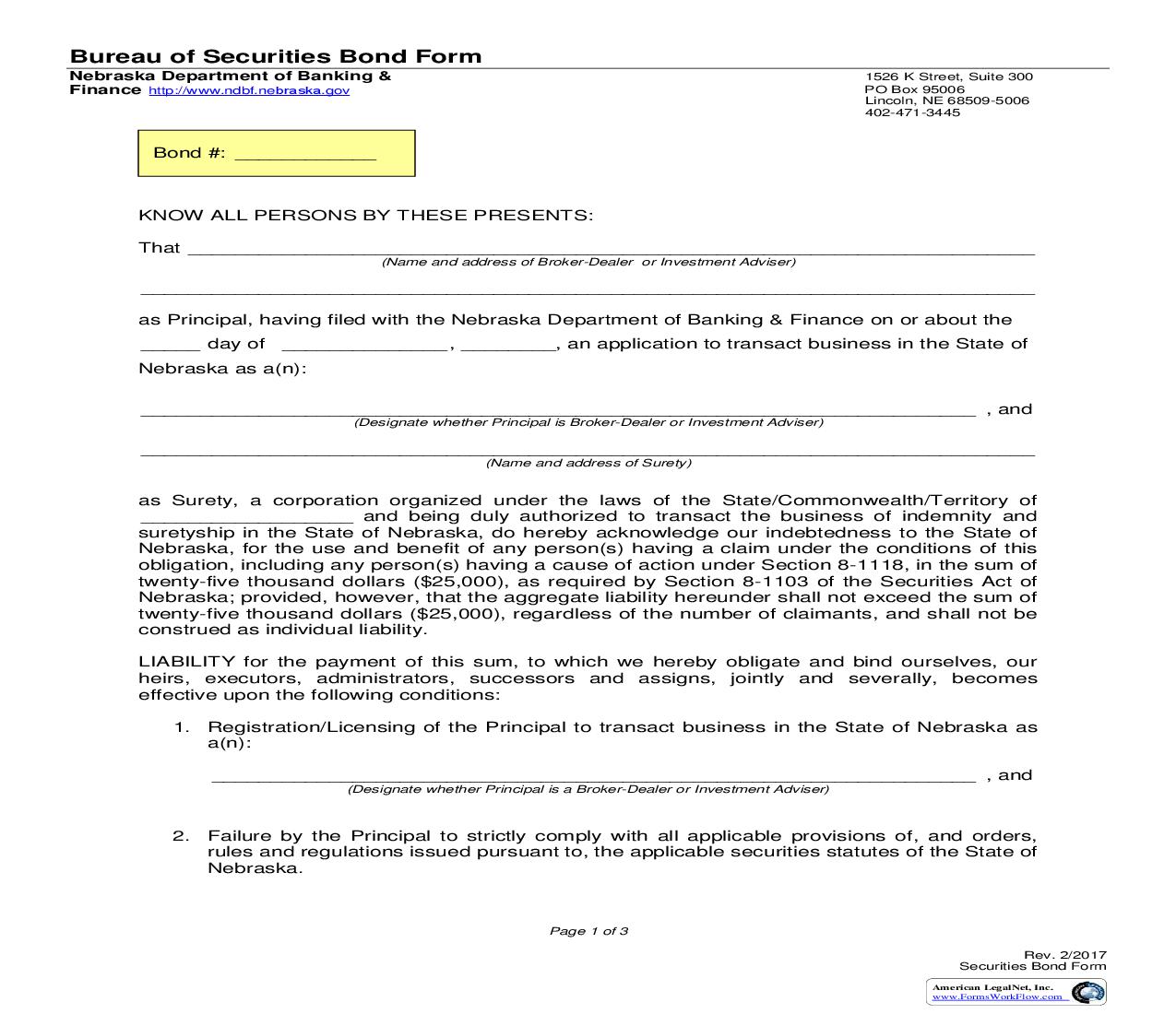 Bond Form - Bureau Of Securities {BF} | Pdf Fpdf Doc Docx | Nebraska