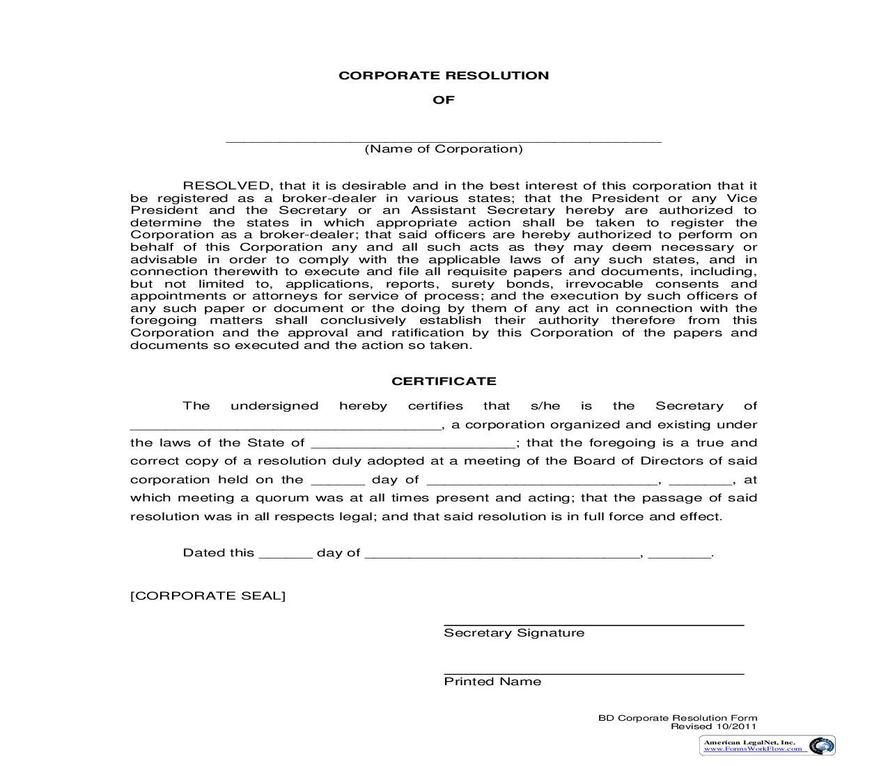 Broker-Dealer Corporate Resolution Form {BD-CRF} | Pdf Fpdf Doc Docx | Nebraska
