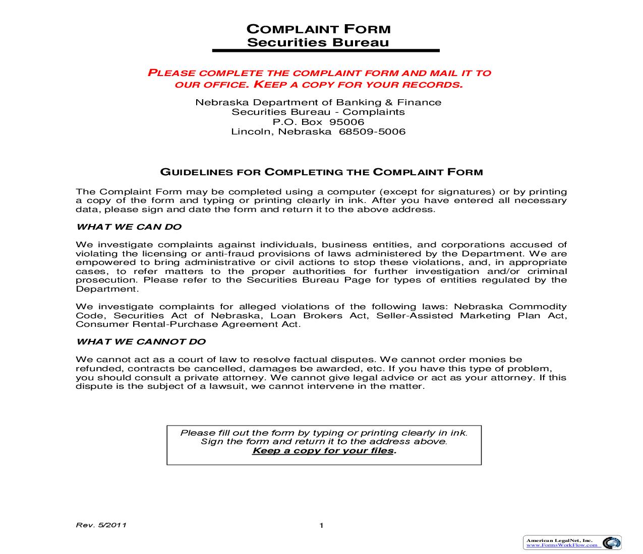 Complaint Form - Securities Bureau {CF} | Pdf Fpdf Doc Docx | Nebraska