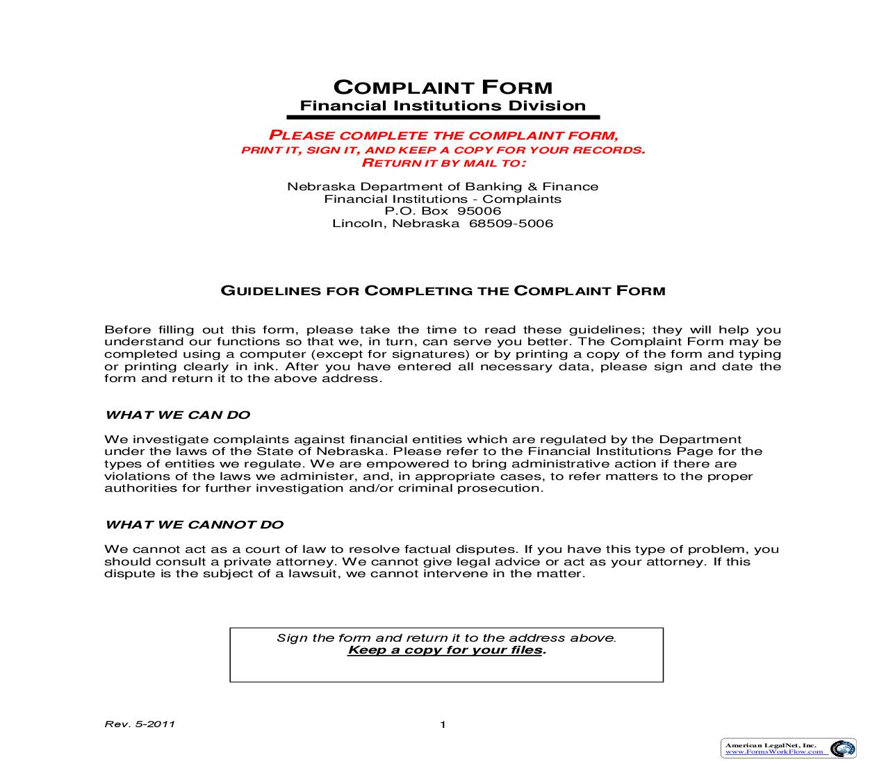 Complaint Form-Financial Institutions Division | Pdf Fpdf Doc Docx | Nebraska