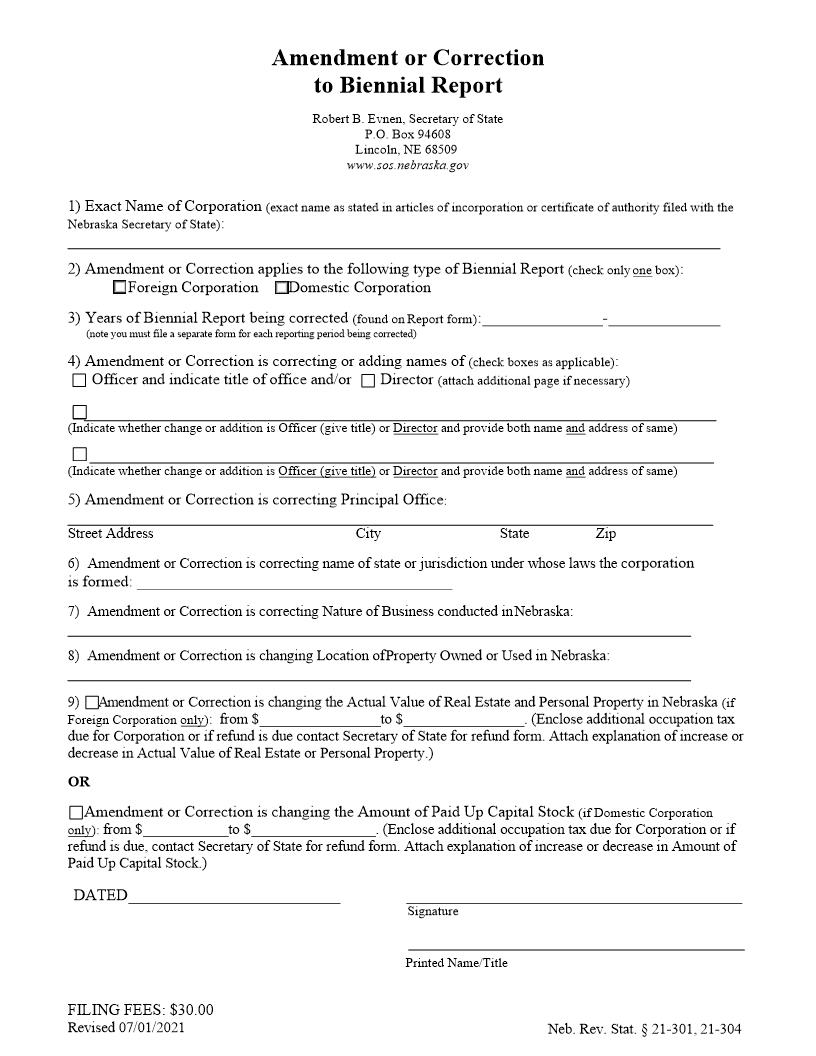 Amendment Or Correction To Biennial Report | Pdf Fpdf Docx | Nebraska