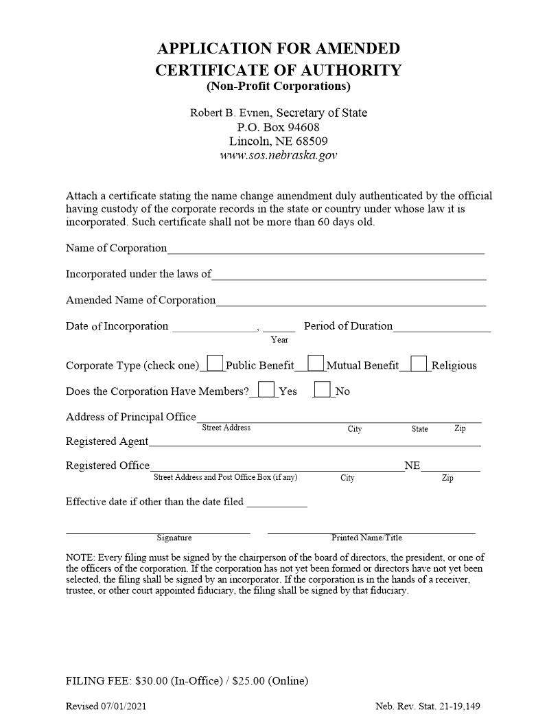 Application For Amended Certificate Of Authority (Non Profit Corporations) | Pdf Fpdf Docx | Nebraska