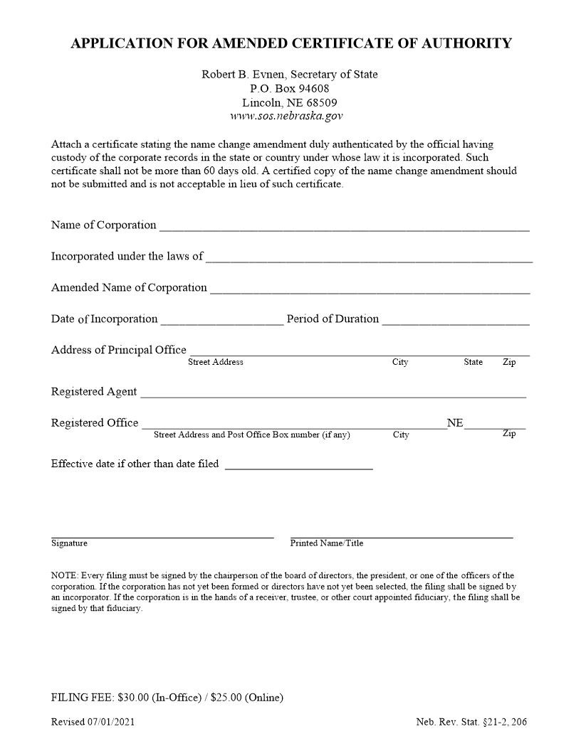 Application For Amended Certificate Of Authority | Pdf Fpdf Docx | Nebraska