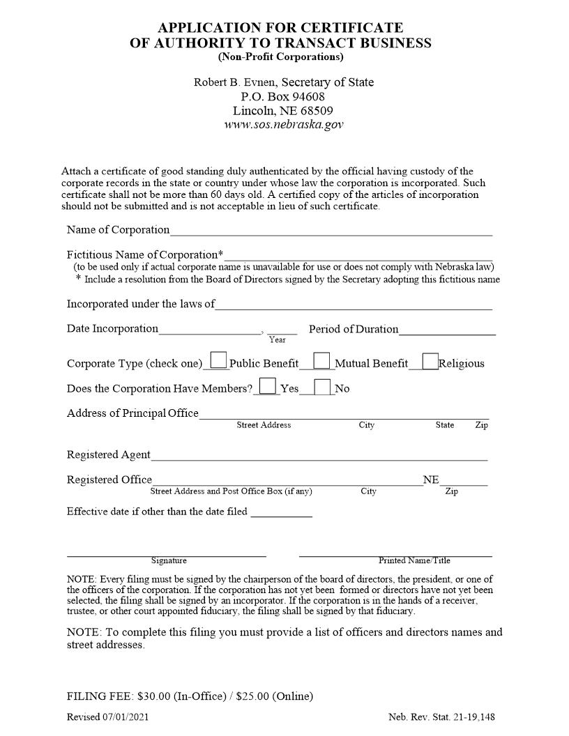Application For Certificate Of Authority To Transact Business (Non Profit Corporations) | Pdf Fpdf Docx | Nebraska