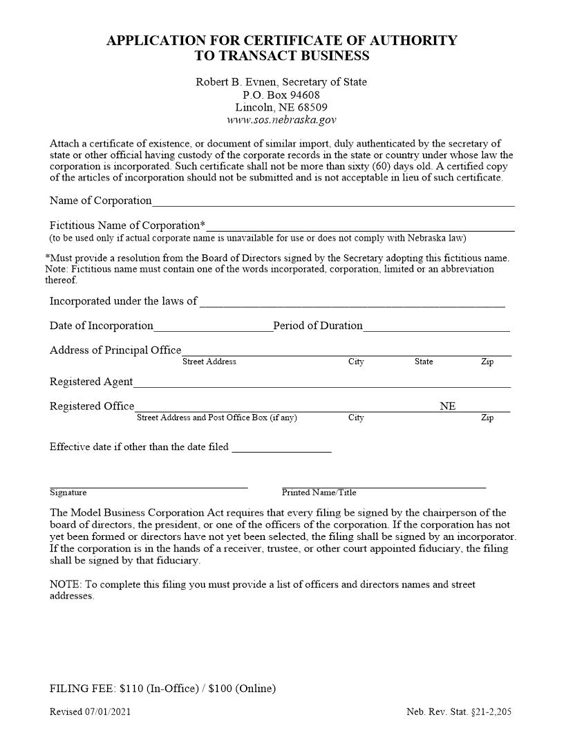Application For Certificate Of Authority To Transact Business | Pdf Fpdf Docx | Nebraska